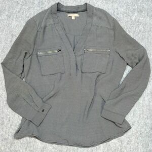 Banana Republic Womens Black White Geometric Zip Pocket V-Neck Blouse Large